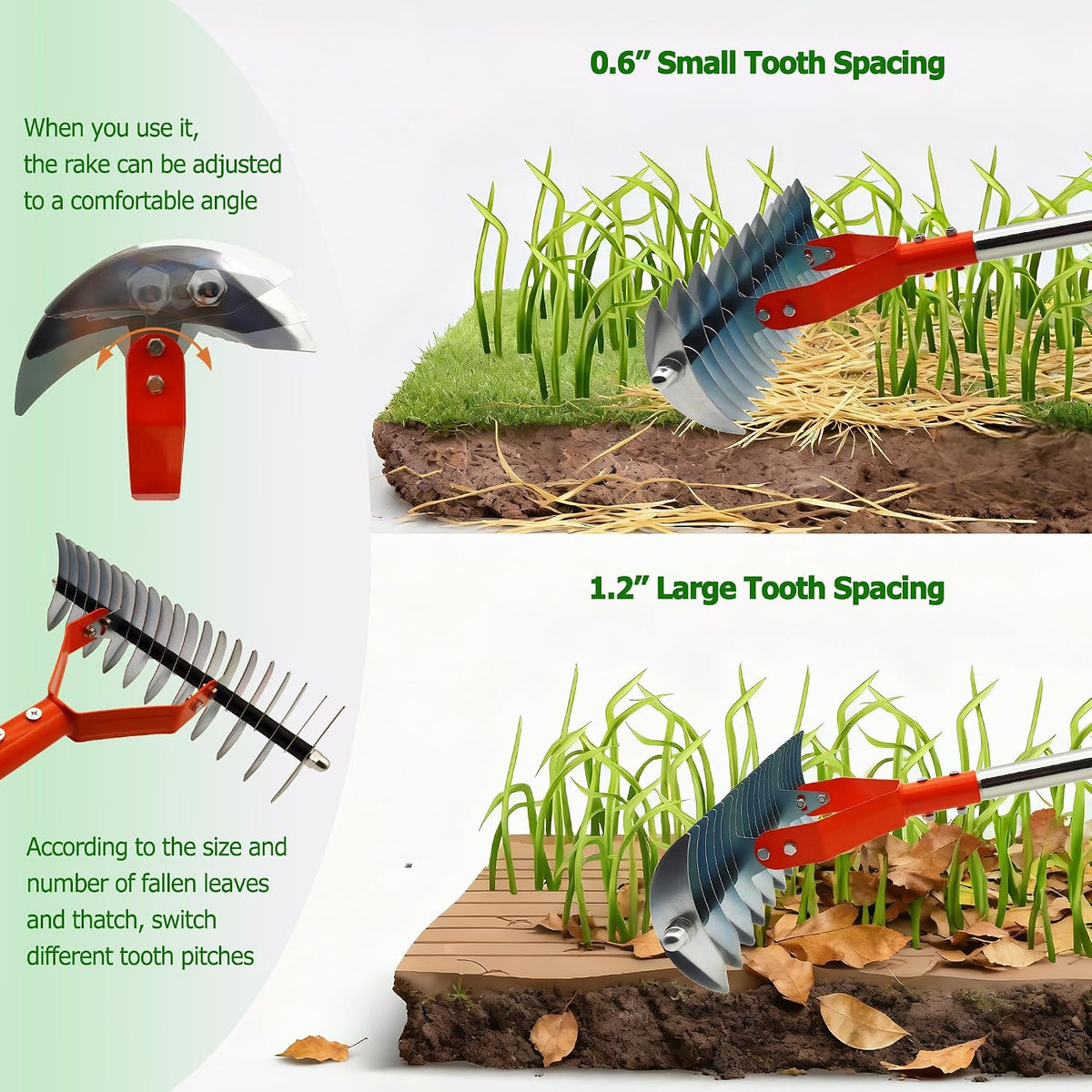 68" Adjustable Thatch Rake Dual-Action Tines, Dethatcher Tool for Lawn Care
