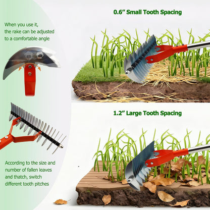 68" Adjustable Thatch Rake Dual-Action Tines, Dethatcher Tool for Lawn Care