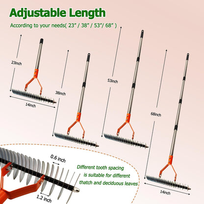 68" Adjustable Thatch Rake Dual-Action Tines, Dethatcher Tool for Lawn Care