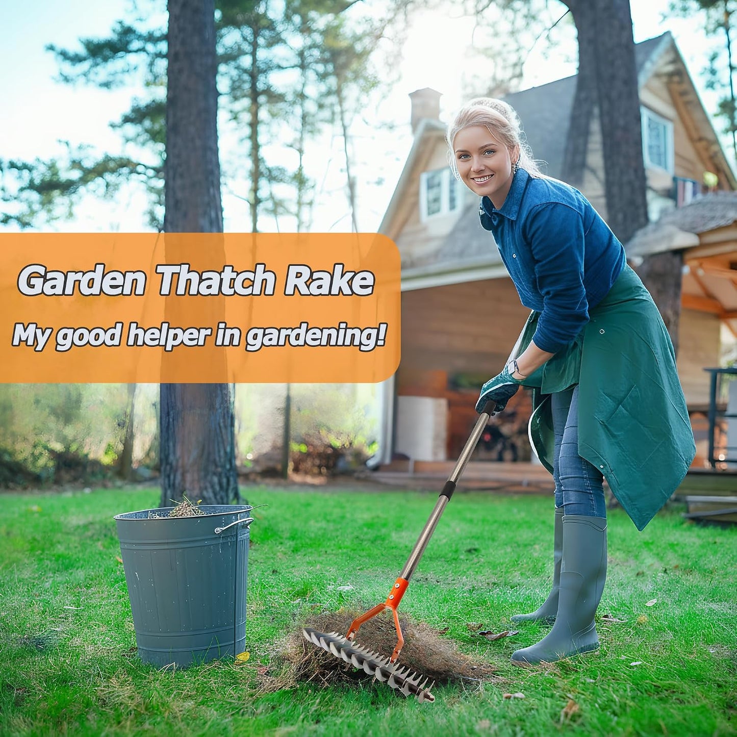 68" Adjustable Thatch Rake Dual-Action Tines, Dethatcher Tool for Lawn Care