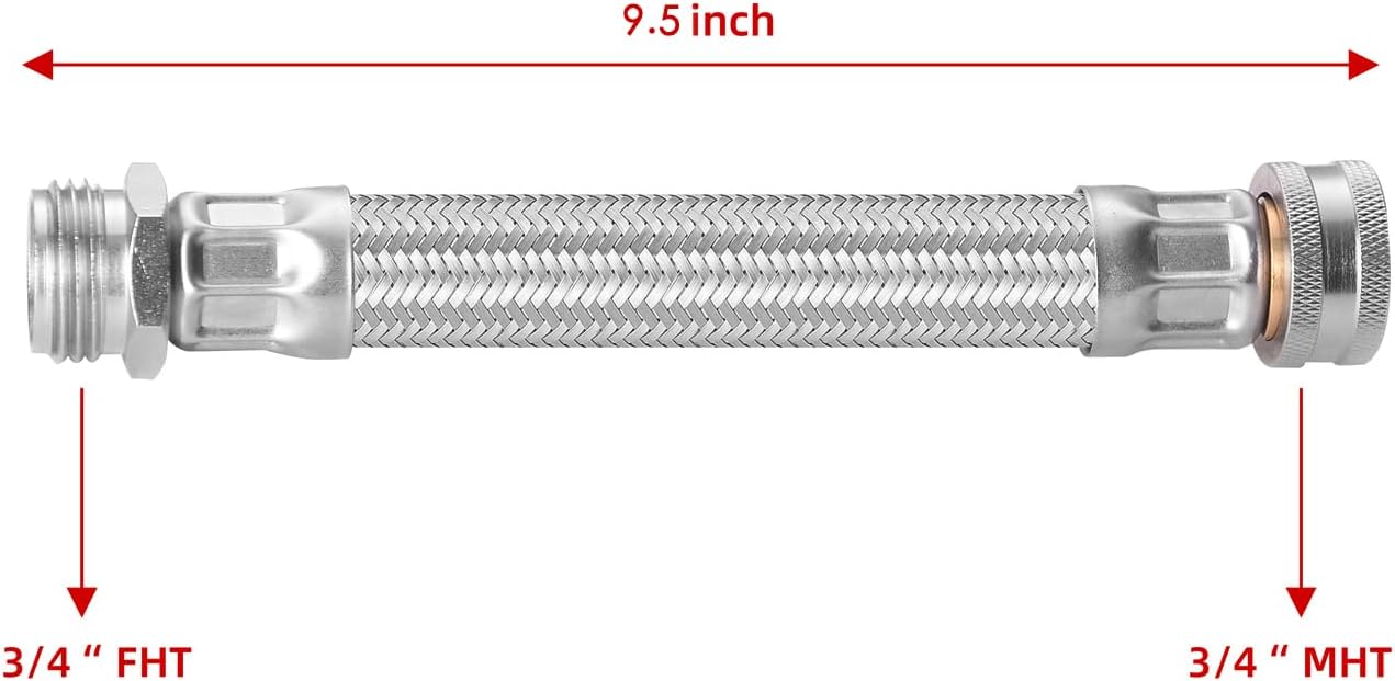 Stainless Steel Braided Garden Hose Extension, 9.5 Inch, Heavy-Duty, 45° Maximum Bend