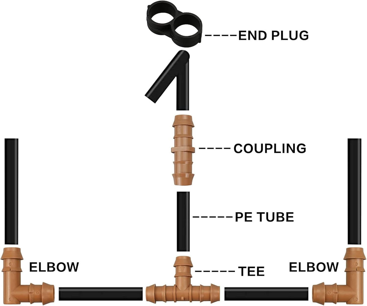 28P Drip Irrigation Fittings Kit (17mm) for 1/2" Tubing (.600" ID), 10 Couplings, 6 Tees, 6 Elbows and 6 Tubing End Closure - Barded Connectors for Drip or Sprinkler Systems(28 Pieces Set)