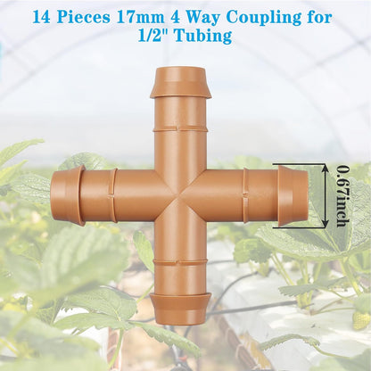 28P Drip Irrigation Fittings Kit (17mm) for 1/2" Tubing (.600" ID), 10 Couplings, 6 Tees, 6 Elbows and 6 Tubing End Closure - Barded Connectors for Drip or Sprinkler Systems(28 Pieces Set)