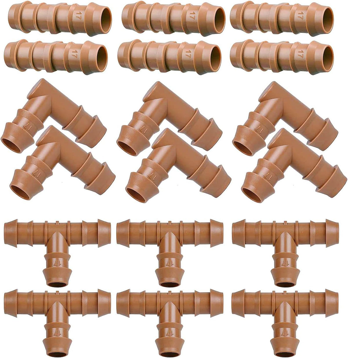 28P Drip Irrigation Fittings Kit (17mm) for 1/2" Tubing (.600" ID), 10 Couplings, 6 Tees, 6 Elbows and 6 Tubing End Closure - Barded Connectors for Drip or Sprinkler Systems(28 Pieces Set)