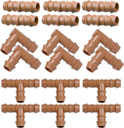 28P Drip Irrigation Fittings Kit (17mm) for 1/2" Tubing (.600" ID), 10 Couplings, 6 Tees, 6 Elbows and 6 Tubing End Closure - Barded Connectors for Drip or Sprinkler Systems(28 Pieces Set)