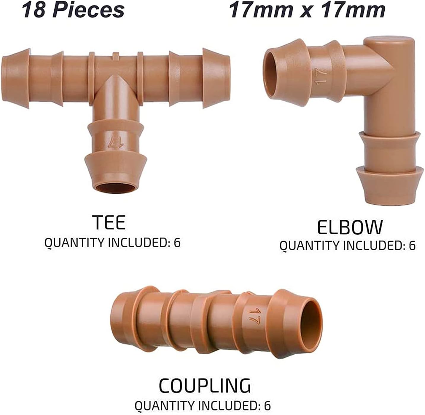 28P Drip Irrigation Fittings Kit (17mm) for 1/2" Tubing (.600" ID), 10 Couplings, 6 Tees, 6 Elbows and 6 Tubing End Closure - Barded Connectors for Drip or Sprinkler Systems(28 Pieces Set)