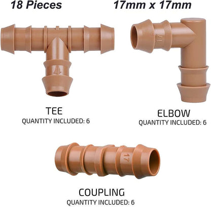 28P Drip Irrigation Fittings Kit (17mm) for 1/2" Tubing (.600" ID), 10 Couplings, 6 Tees, 6 Elbows and 6 Tubing End Closure - Barded Connectors for Drip or Sprinkler Systems(28 Pieces Set)
