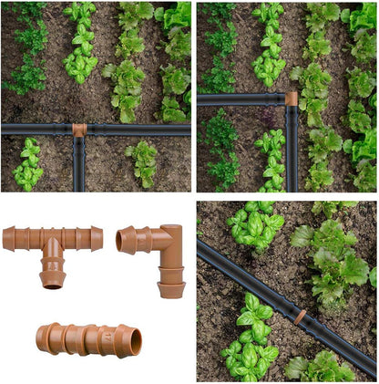 28P Drip Irrigation Fittings Kit (17mm) for 1/2" Tubing (.600" ID), 10 Couplings, 6 Tees, 6 Elbows and 6 Tubing End Closure - Barded Connectors for Drip or Sprinkler Systems(28 Pieces Set)