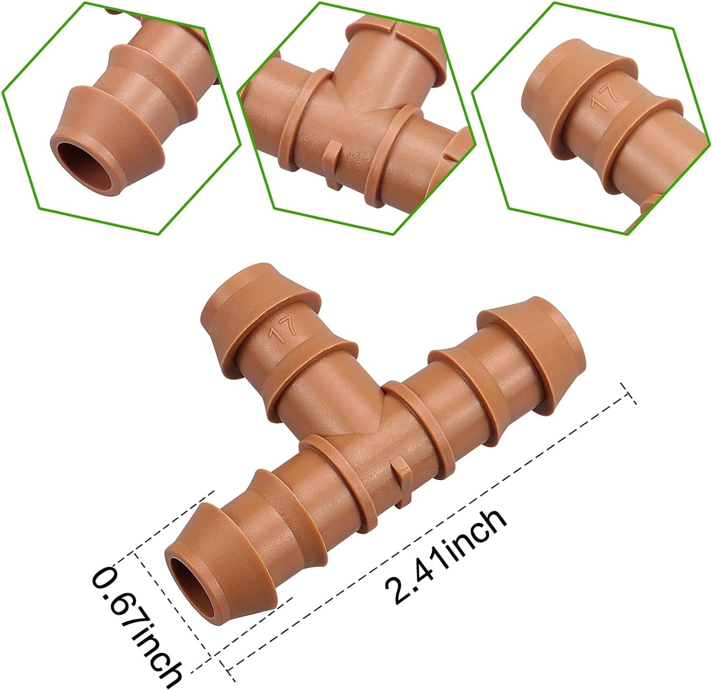 28P Drip Irrigation Fittings Kit (17mm) for 1/2" Tubing (.600" ID), 10 Couplings, 6 Tees, 6 Elbows and 6 Tubing End Closure - Barded Connectors for Drip or Sprinkler Systems(28 Pieces Set)