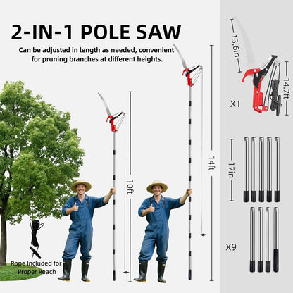 Pole Saws for Tree Trimming - 14FT Dual-Pulley Tree Pruner, Tree Trimmers Long Handle Pruner, Manual Pole Saw for Yard & Garden, Gardening Hand Tools