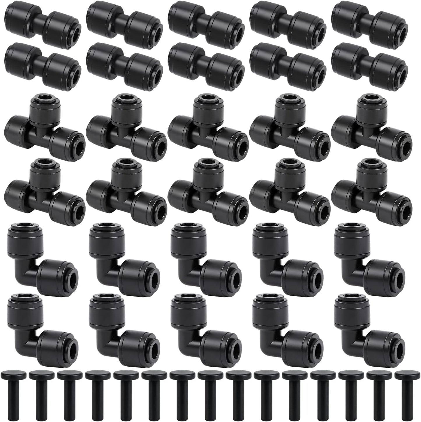 45 PCS Quick Connect 1/4" Drip Irrigation Fittings Kit, Universal Drip Line Connectors for 1/4-Inch Drip Tubing Includes Couplings Tees Elbows Plugs Parts for Irrigation System Connection