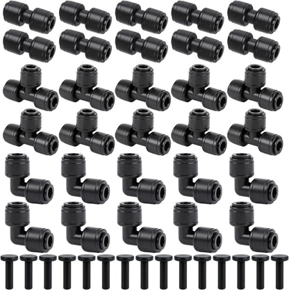 45 PCS Quick Connect 1/4" Drip Irrigation Fittings Kit, Universal Drip Line Connectors for 1/4-Inch Drip Tubing Includes Couplings Tees Elbows Plugs Parts for Irrigation System Connection