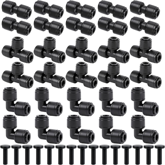 45 PCS Quick Connect 1/4" Drip Irrigation Fittings Kit, Universal Drip Line Connectors for 1/4-Inch Drip Tubing Includes Couplings Tees Elbows Plugs Parts for Irrigation System Connection
