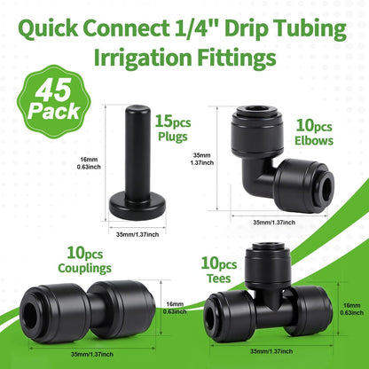 45 PCS Quick Connect 1/4" Drip Irrigation Fittings Kit, Universal Drip Line Connectors for 1/4-Inch Drip Tubing Includes Couplings Tees Elbows Plugs Parts for Irrigation System Connection