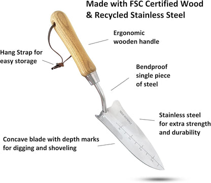 Eco Transplanter Trowel Shovel- 100% Recycled Stainless Steel - Rust Resistant - FSC Certified Wood Ergonomic Handle - Perfect Tool for Gardening Weeding Transplanting and Digging