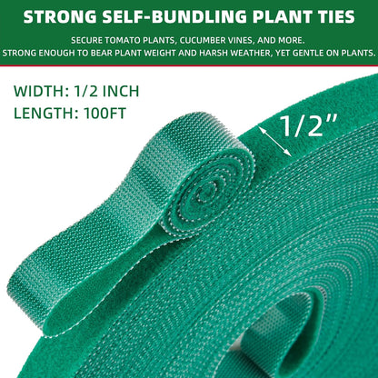 50 ft x 1/2 inch Reusable Plant Ties Roll for Indoor & Outdoor Plants, Non-Toxic Soft Garden Ties, Cut-to-Length Nylon Ties, Gentle Support for Climbing Plants, Tomato Peppers & Vines, Green