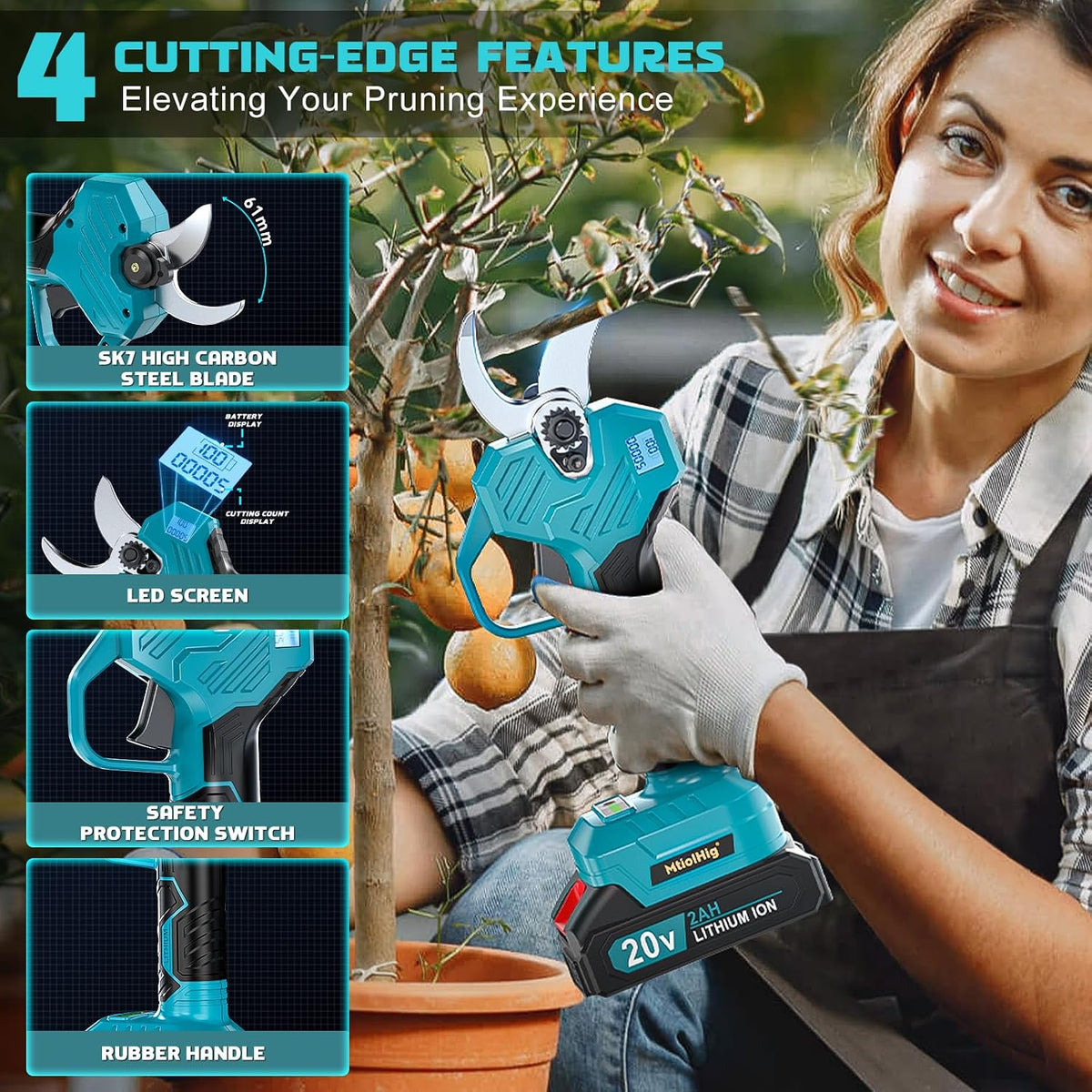 Electric Pruning Shears Compatible with DeWALT 20V – 26000RPM Cordless Garden Pruner,0.8-2 inch Max Cutting Diameter PVC Cutter Tree Trimmer with LCD Display & SK7 Blades(Tool Only)