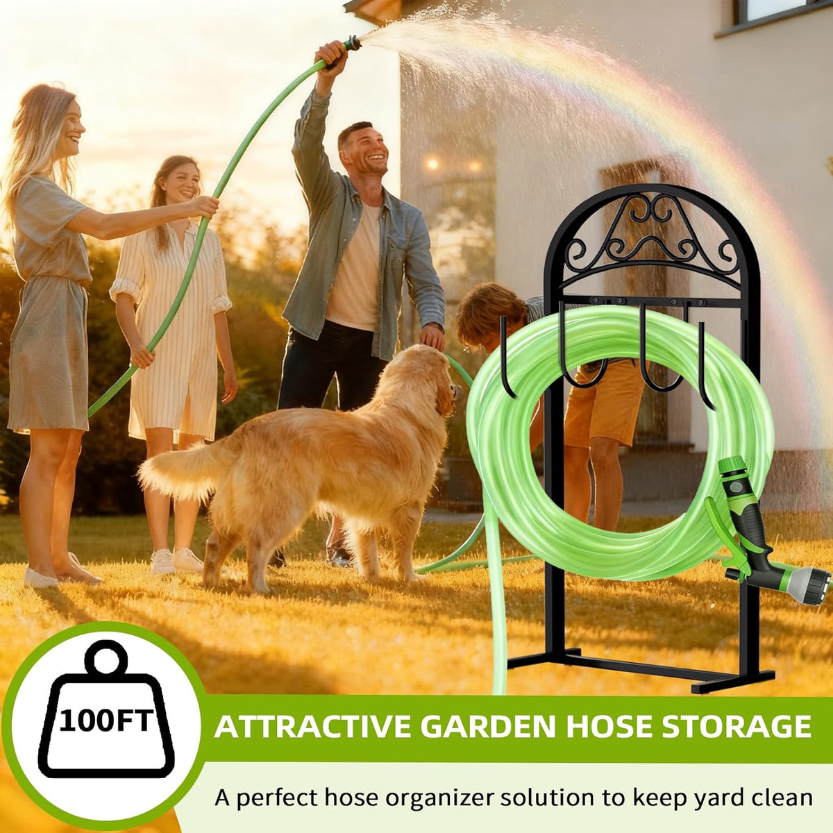 Garden Hose Holder, Hose Holder Stand Rustproof Freestanding Heavy-Duty with Sturdy Metal Hose Stand and Hanger, Hoses Storage Holds 100Ft Hose Reel for Outside Yard