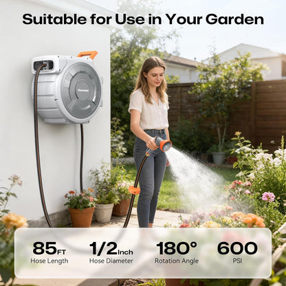 Retractable Garden Hose Reel, 1/2 Inch x 85 ft Wall Mounted, Heavy Duty Garden Hose Reel with 9 Patterns Nozzle, Any Length Lock, Upgraded Slow Return System and 180°Swivel Bracket (1/2" 85FT)