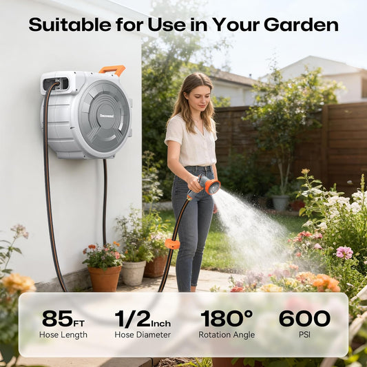 Retractable Garden Hose Reel, 1/2 Inch x 85 ft Wall Mounted, Heavy Duty Garden Hose Reel with 9 Patterns Nozzle, Any Length Lock, Upgraded Slow Return System and 180°Swivel Bracket (1/2" 85FT)