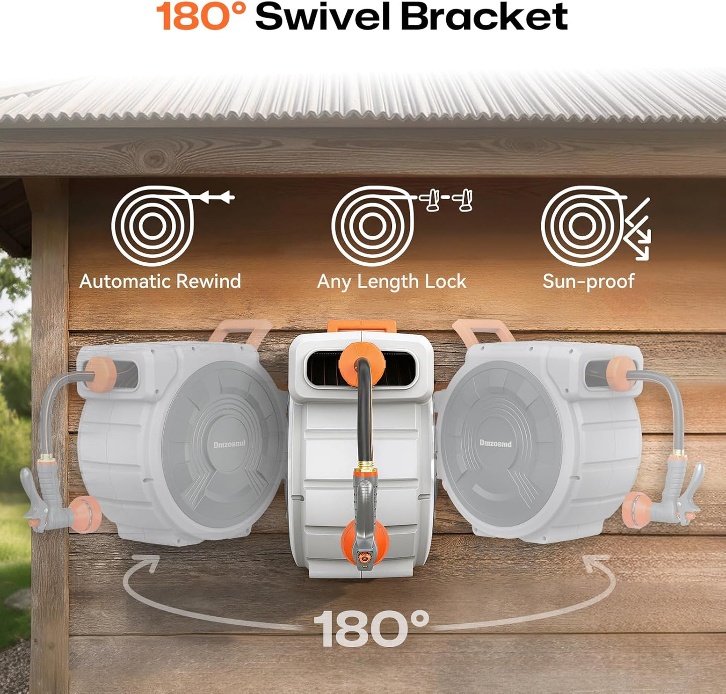 Retractable Garden Hose Reel, 1/2 Inch x 85 ft Wall Mounted, Heavy Duty Garden Hose Reel with 9 Patterns Nozzle, Any Length Lock, Upgraded Slow Return System and 180°Swivel Bracket (1/2" 85FT)