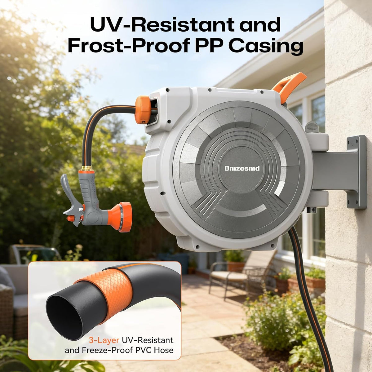 Retractable Garden Hose Reel, 1/2 Inch x 85 ft Wall Mounted, Heavy Duty Garden Hose Reel with 9 Patterns Nozzle, Any Length Lock, Upgraded Slow Return System and 180°Swivel Bracket (1/2" 85FT)