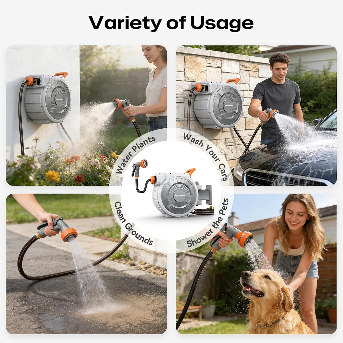 Retractable Garden Hose Reel, 1/2 Inch x 85 ft Wall Mounted, Heavy Duty Garden Hose Reel with 9 Patterns Nozzle, Any Length Lock, Upgraded Slow Return System and 180°Swivel Bracket (1/2" 85FT)