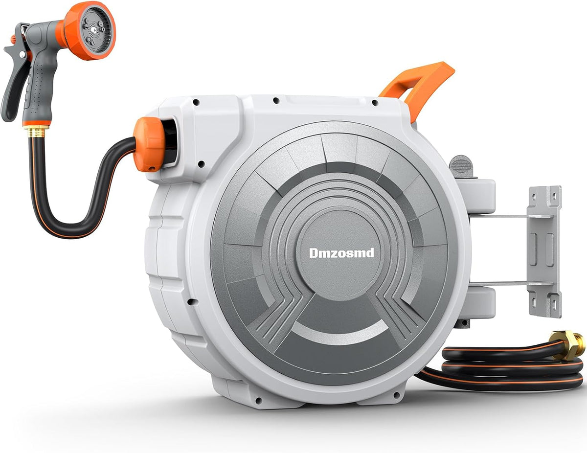 Retractable Garden Hose Reel, 1/2 Inch x 85 ft Wall Mounted, Heavy Duty Garden Hose Reel with 9 Patterns Nozzle, Any Length Lock, Upgraded Slow Return System and 180°Swivel Bracket (1/2" 85FT)