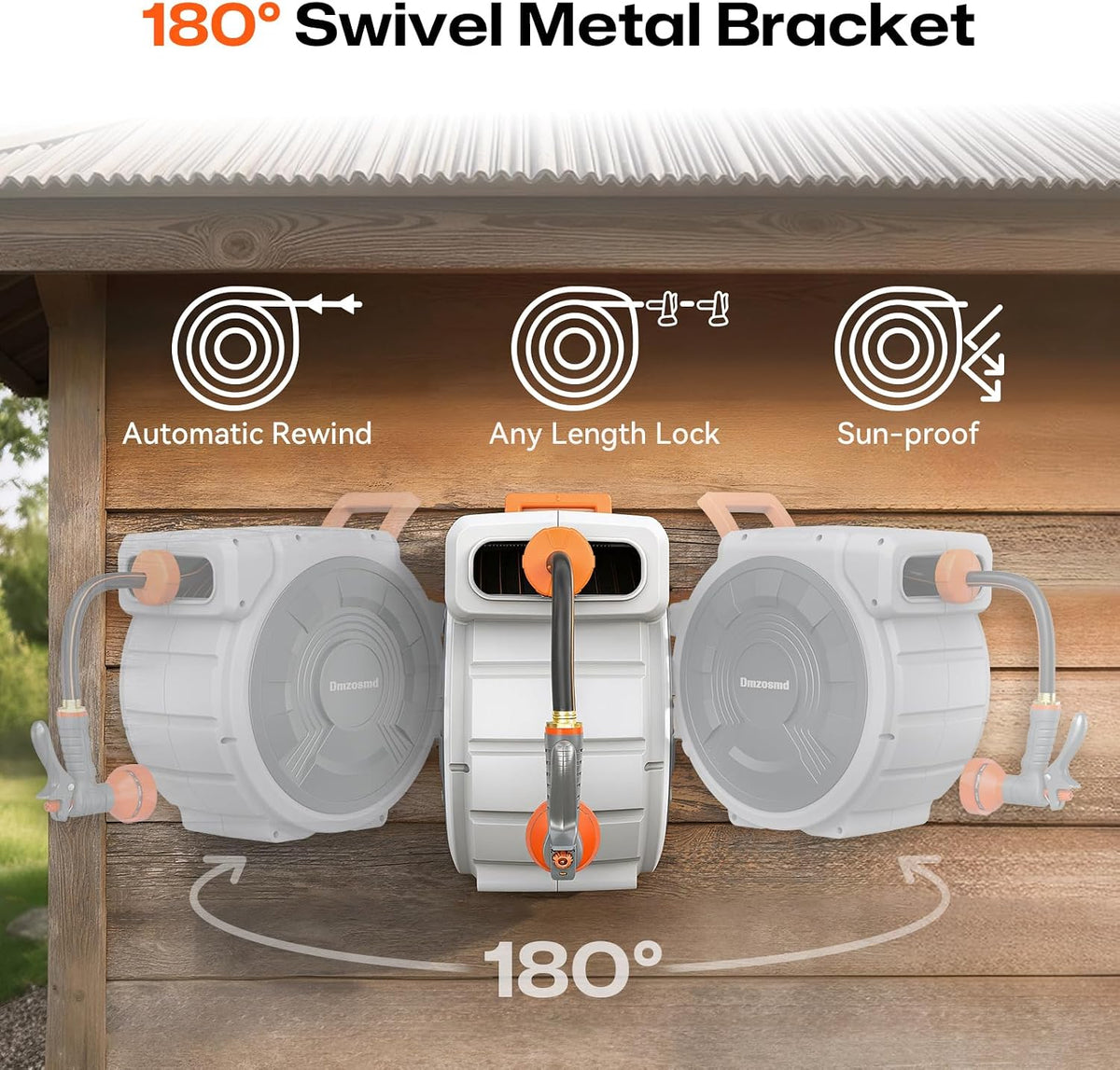 Retractable Garden Hose Reel, 1/2 Inch x 85 ft Wall Mounted, Heavy Duty Garden Hose Reel with 9 Patterns Nozzle, Any Length Lock, Upgraded Slow Return System and 180°Swivel Bracket (1/2" 85FT)