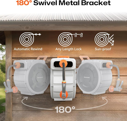 Retractable Garden Hose Reel, 1/2 Inch x 85 ft Wall Mounted, Heavy Duty Garden Hose Reel with 9 Patterns Nozzle, Any Length Lock, Upgraded Slow Return System and 180°Swivel Bracket (1/2" 85FT)