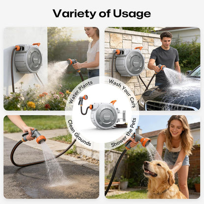 Retractable Garden Hose Reel, 1/2 Inch x 85 ft Wall Mounted, Heavy Duty Garden Hose Reel with 9 Patterns Nozzle, Any Length Lock, Upgraded Slow Return System and 180°Swivel Bracket (1/2" 85FT)