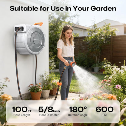 Retractable Garden Hose Reel, 1/2 Inch x 85 ft Wall Mounted, Heavy Duty Garden Hose Reel with 9 Patterns Nozzle, Any Length Lock, Upgraded Slow Return System and 180°Swivel Bracket (1/2" 85FT)