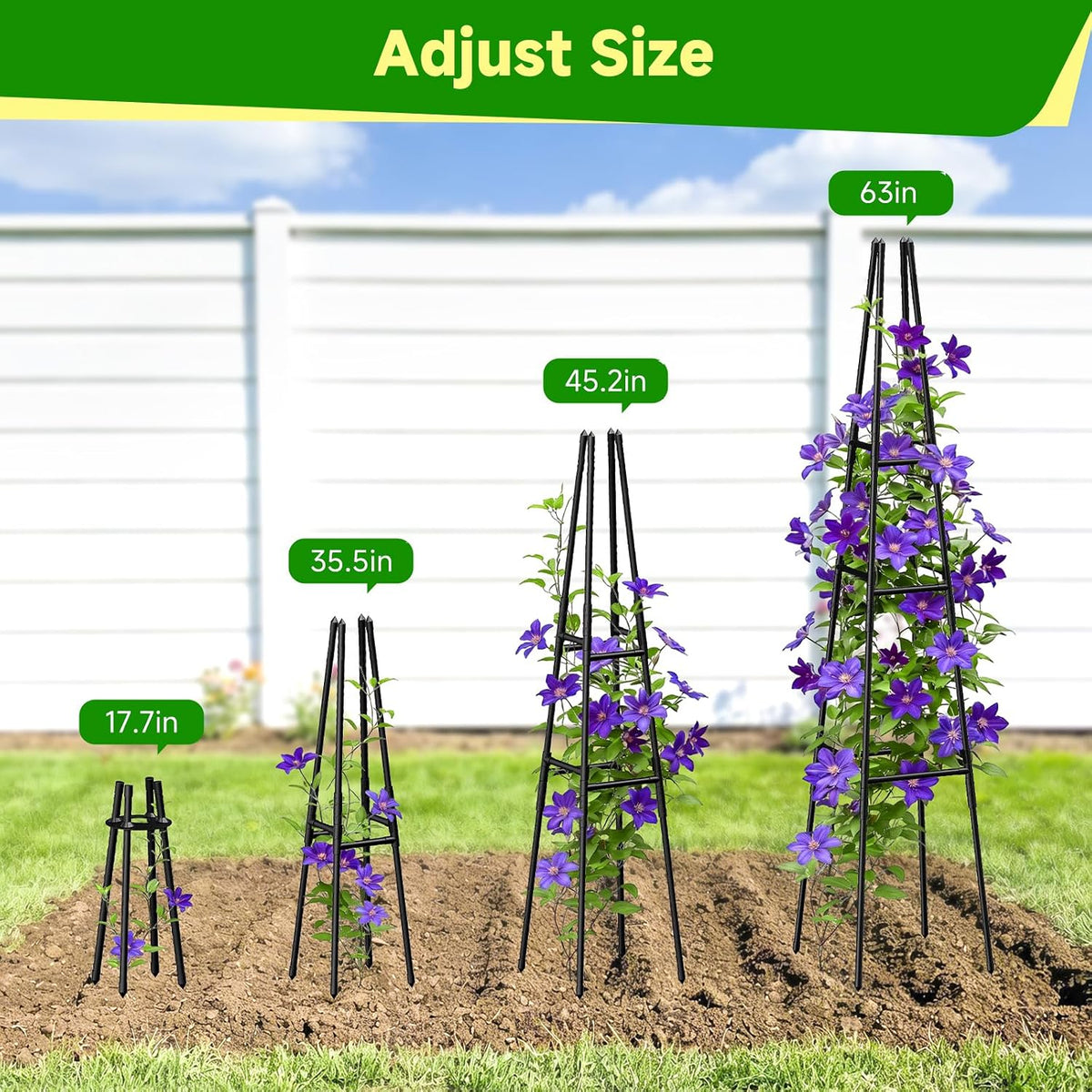 Garden Obelisk Trellis for Climbing Plants Outdoor, 63 Inch Height Adjustable Gardening Trellis, Steel Plastic Coated Plant Support for Indoor & Outdoor Multiple Climbing Plants(2PCS)