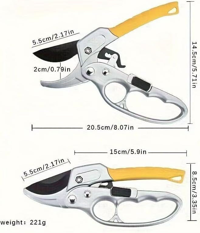 Professional Bypass Pruning Shears, 8.5 Inch SK5 Steel with Titanium, Heavy Duty Garden Clippers for Hedge Trimming (Black) (Yellow)