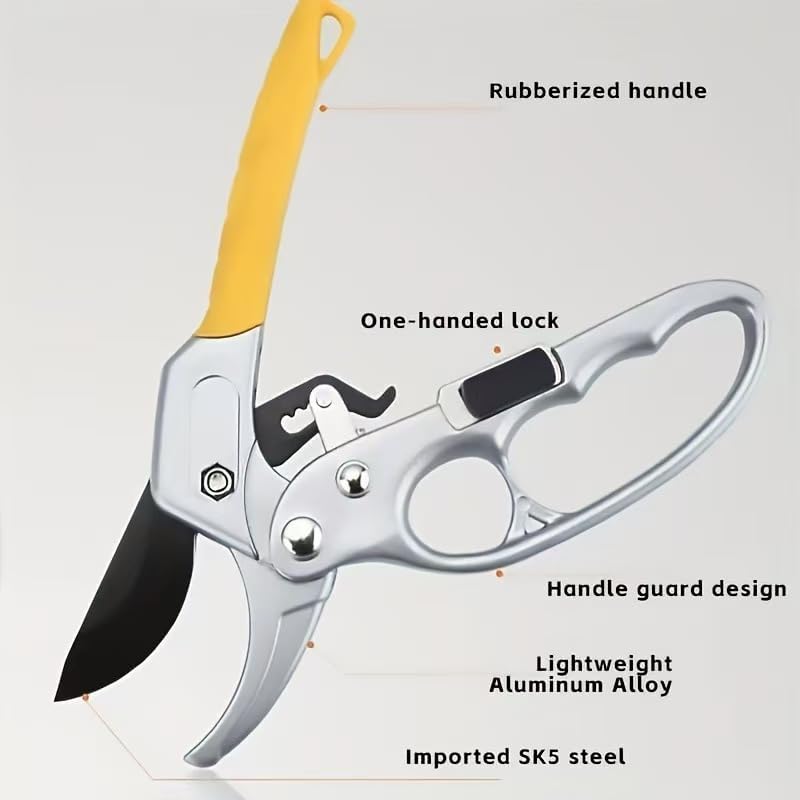 Professional Bypass Pruning Shears, 8.5 Inch SK5 Steel with Titanium, Heavy Duty Garden Clippers for Hedge Trimming (Black) (Yellow)