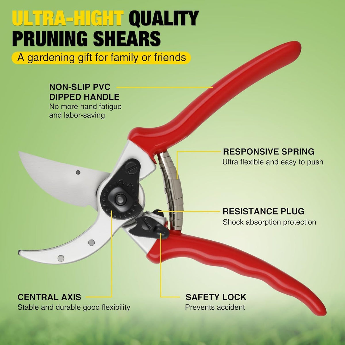 Professional Bypass Pruning Shears, 8.5 Inch SK5 Steel with Titanium, Heavy Duty Garden Clippers for Hedge Trimming (Black) (Yellow)