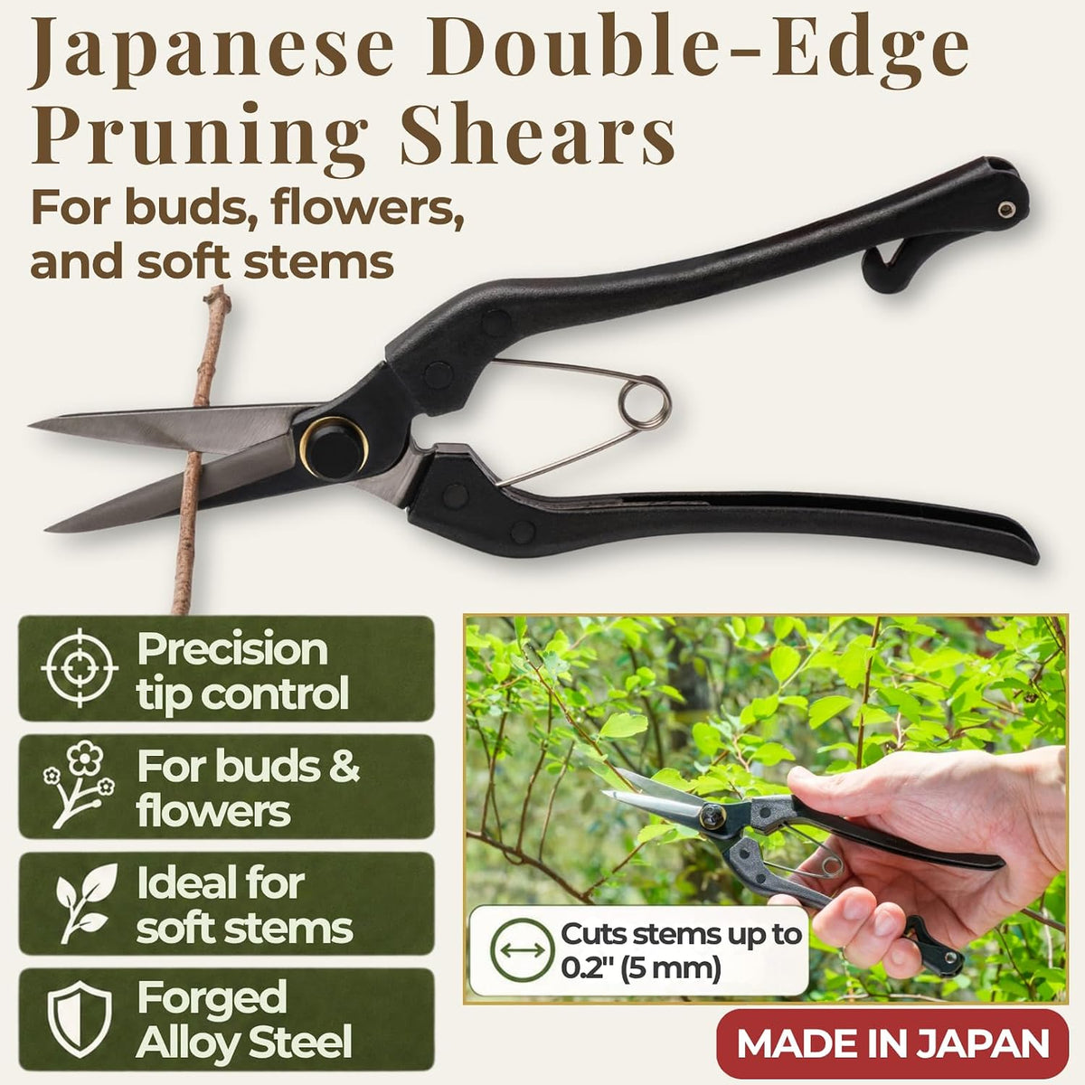 Japanese Pruning Shears, 8.2" Long, Cuts up to 0.2", Made in Japan