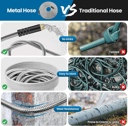 Garden Hose 50FT, Water Hose with 10 Function Nozzle, Garden Hose Metal with Leak-proof Connectors, Kink-Free & Ultra Flexible, Rust/Pet/Puncture Proof for Lawn, Yard, RV, Car Wash, 550PSI