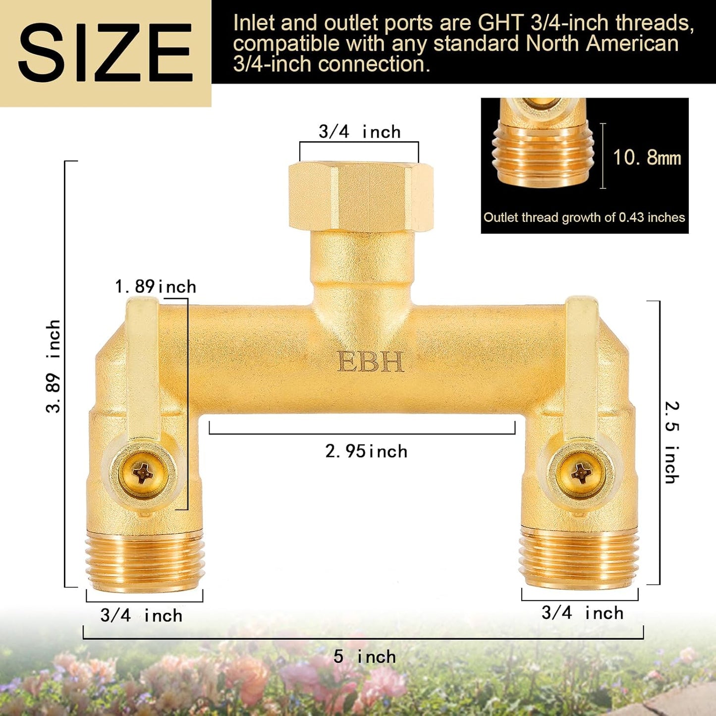 Garden Hose Splitter, Full Flow Outdoor Faucet Splitter, 2-Way High Flow Brass Heavy Duty Hose Splitter with Long Metal Handle。