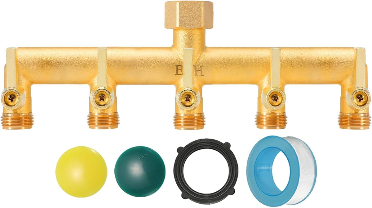 Garden Hose Splitter, Full Flow Outdoor Faucet Splitter, 2-Way High Flow Brass Heavy Duty Hose Splitter with Long Metal Handle。