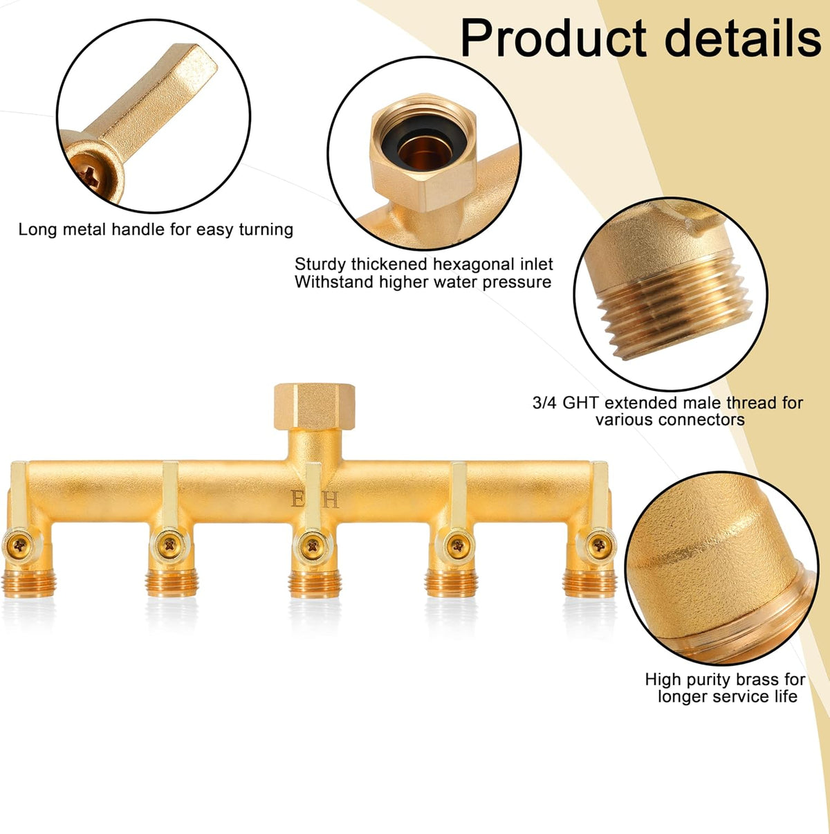 Garden Hose Splitter, Full Flow Outdoor Faucet Splitter, 2-Way High Flow Brass Heavy Duty Hose Splitter with Long Metal Handle。