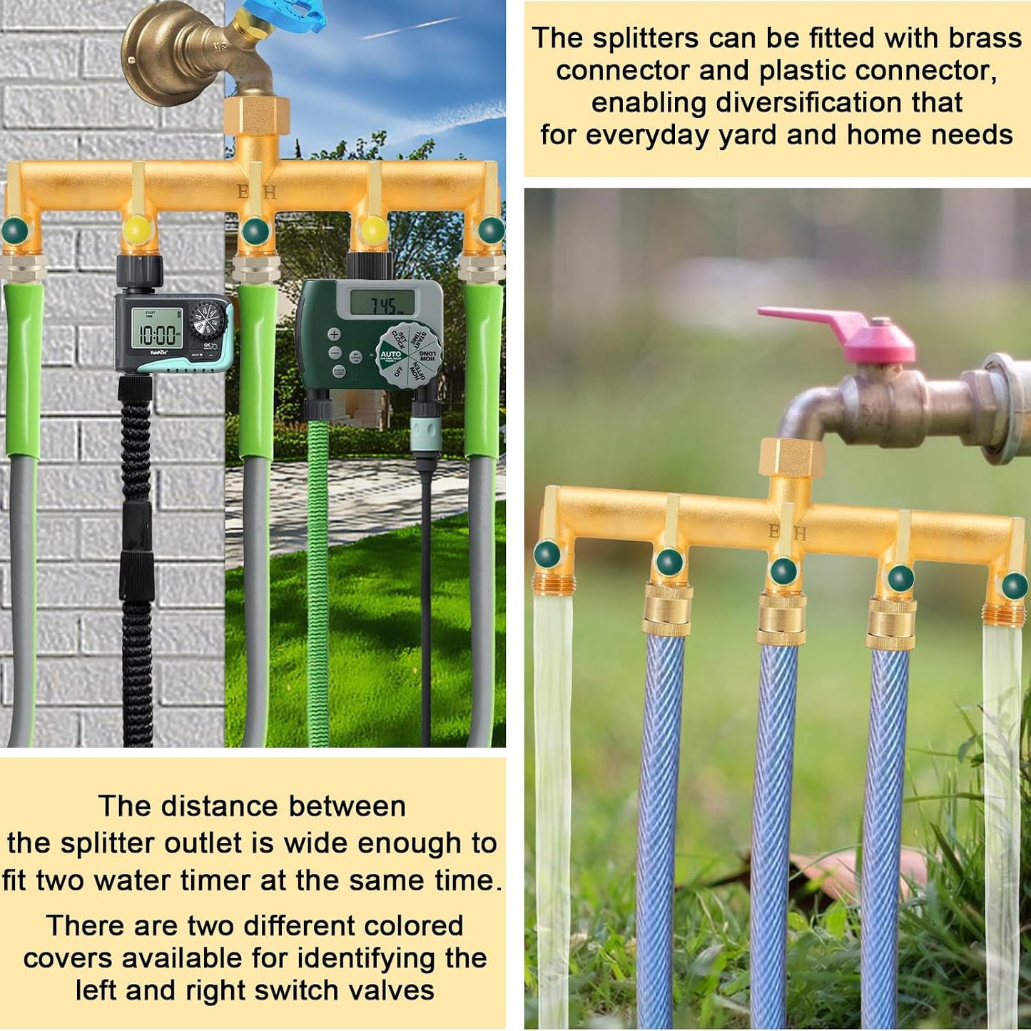 Garden Hose Splitter, Full Flow Outdoor Faucet Splitter, 2-Way High Flow Brass Heavy Duty Hose Splitter with Long Metal Handle。
