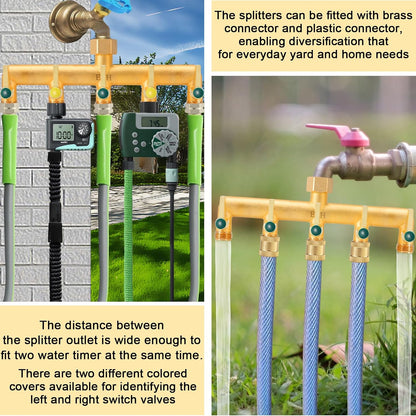 Garden Hose Splitter, Full Flow Outdoor Faucet Splitter, 2-Way High Flow Brass Heavy Duty Hose Splitter with Long Metal Handle。