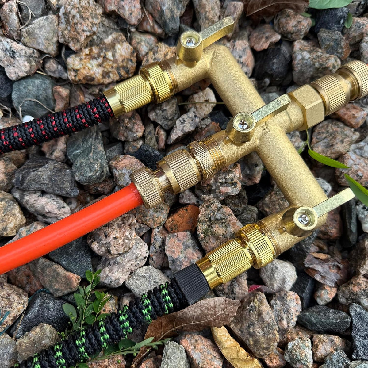 Garden Hose Splitter, Full Flow Outdoor Faucet Splitter, 2-Way High Flow Brass Heavy Duty Hose Splitter with Long Metal Handle。