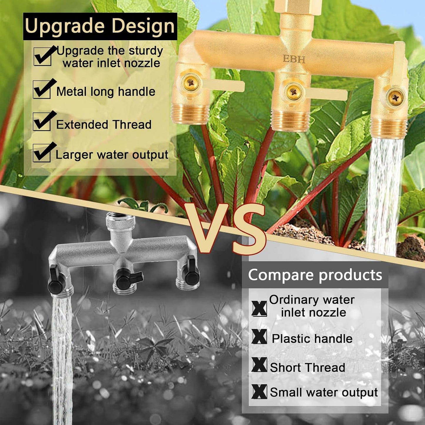 Garden Hose Splitter, Full Flow Outdoor Faucet Splitter, 2-Way High Flow Brass Heavy Duty Hose Splitter with Long Metal Handle。