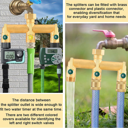 Garden Hose Splitter, Full Flow Outdoor Faucet Splitter, 2-Way High Flow Brass Heavy Duty Hose Splitter with Long Metal Handle。