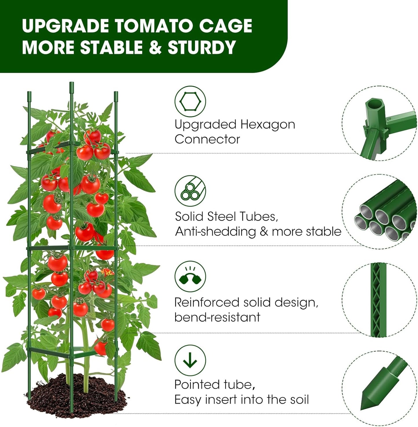 6 Pack Tomato Cages for Garden,Up to 51.2Inch Tomato Cage Trellis-Upgraded Hexagon Connector,Heavy Duty Adjustable Tomato Stake Support for Raised Garden Bed