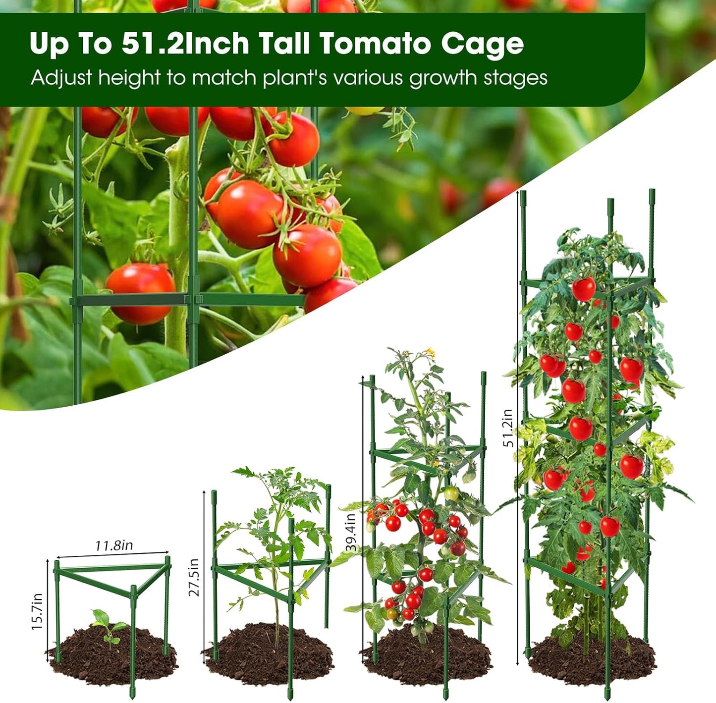 6 Pack Tomato Cages for Garden,Up to 51.2Inch Tomato Cage Trellis-Upgraded Hexagon Connector,Heavy Duty Adjustable Tomato Stake Support for Raised Garden Bed