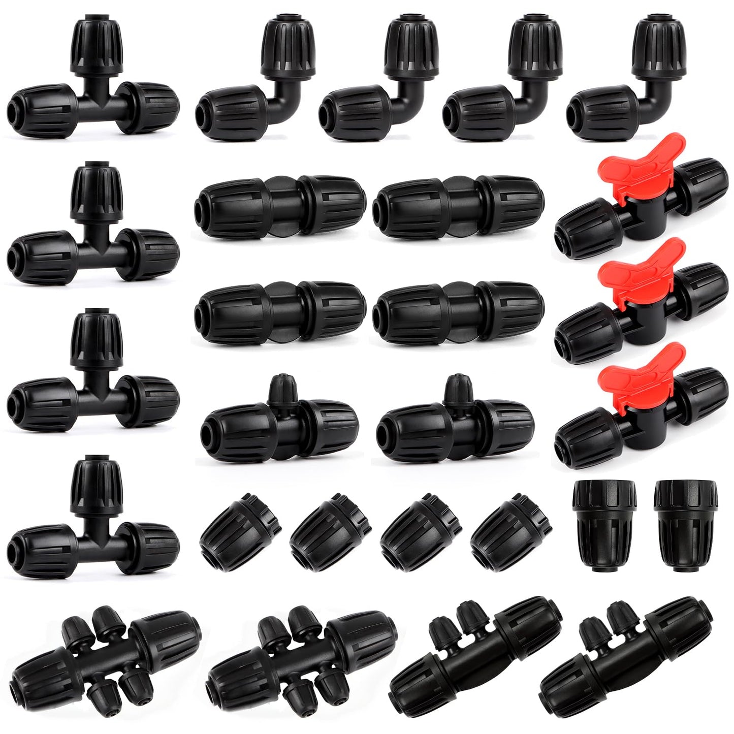 27 Pcs 1/2 Inch Irrigation Tubing Fittings Kit, 16mm 1/2" Drip Tubing Barbed Locked Nuts Connectors with 4 Couplings 4 Tee 4 Ends 4 Elbows 3 Switch Valves 6 Reducers 2 Hose Adapters