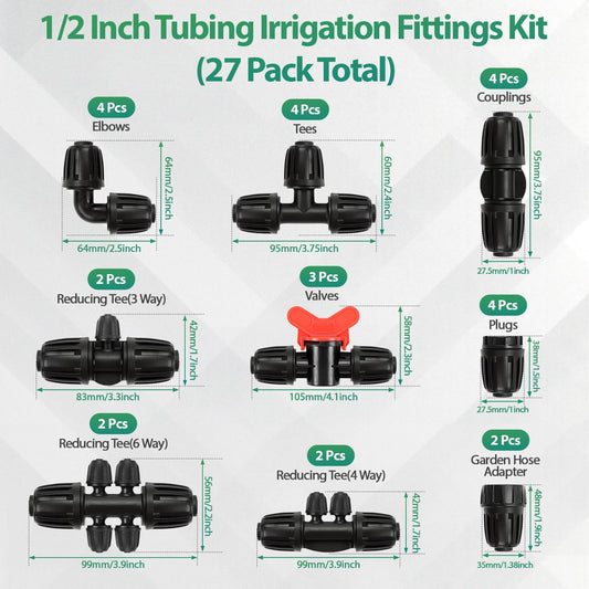 27 Pcs 1/2 Inch Irrigation Tubing Fittings Kit, 16mm 1/2" Drip Tubing Barbed Locked Nuts Connectors with 4 Couplings 4 Tee 4 Ends 4 Elbows 3 Switch Valves 6 Reducers 2 Hose Adapters